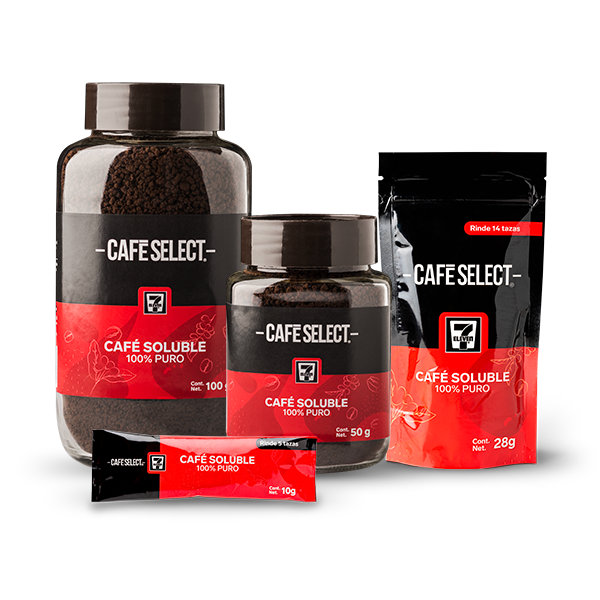 Presentaciones de Café Select Soluble.