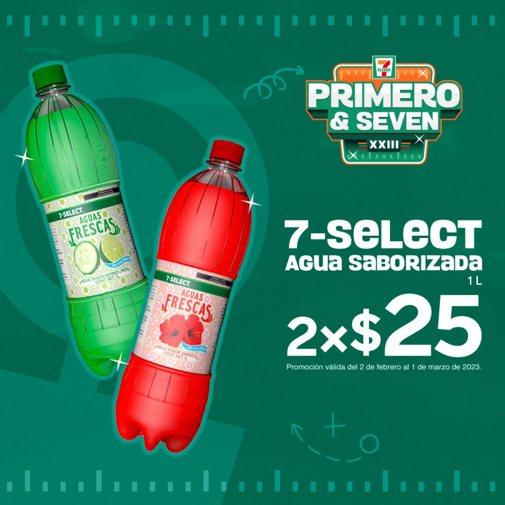 Hidrátate con el agua saborizada 7-Select de 1 litro, llevándote 2 por solo 25 pesos.