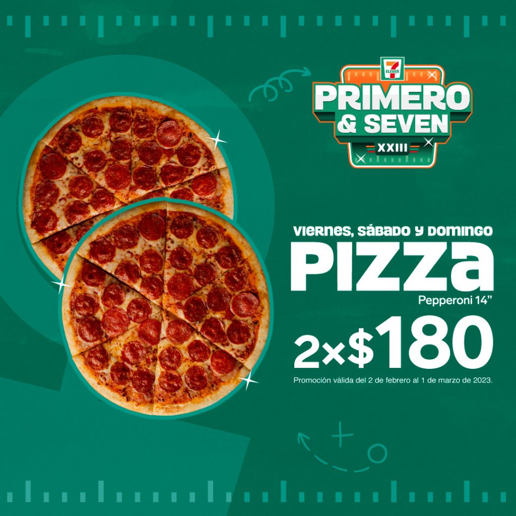 En viernes, sábado. domingo, llévate dos pizzas de pepperoni de 14 pulgadas por 180 pesos.